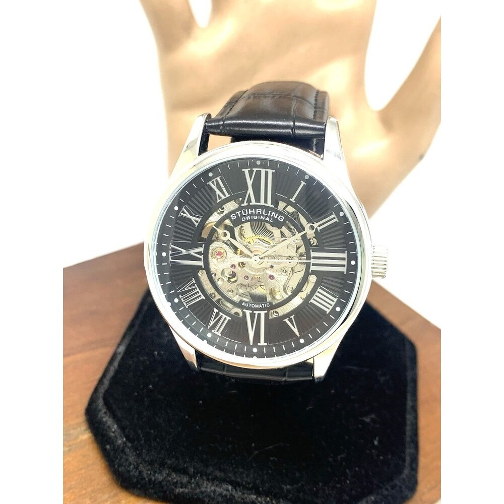 Stuhrling Mens Watch 3942 Automatic Skeleton Dial Silver Black Leather Band 42mm